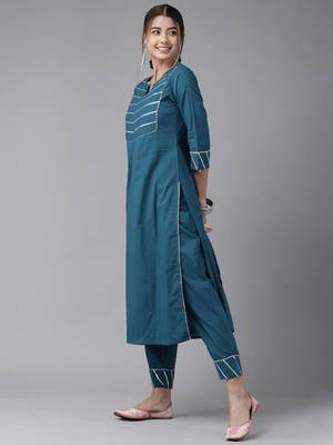 Indo Era Teal Solid Straight Kurta Trouser With Dupatta Set 3