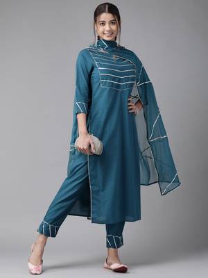Indo Era Teal Solid Straight Kurta Trouser With Dupatta Set 4