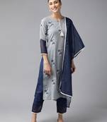Indo Era Grey Printed Straight Kurta Trouser With Dupatta Set