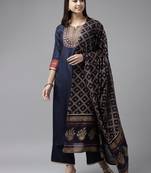 Indo Era Navy Blue Embroidered Straight Kurta Palazzo With Dupatta Set