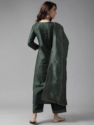 Indo Era Green Solid Straight Kurta Palazzo With Dupatta Set 2