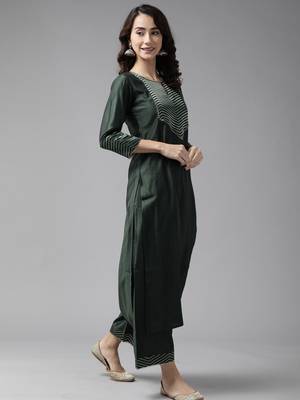Indo Era Green Solid Straight Kurta Palazzo With Dupatta Set 3