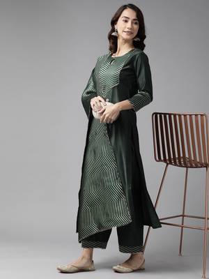 Indo Era Green Solid Straight Kurta Palazzo With Dupatta Set 4