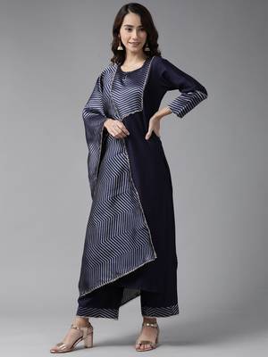 Indo Era Navy Blue Solid Straight Kurta Palazzo With Dupatta Set 1