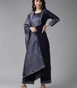 Indo Era Navy Blue Solid Straight Kurta Palazzo With Dupatta Set