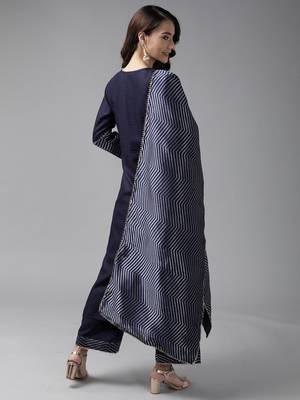 Indo Era Navy Blue Solid Straight Kurta Palazzo With Dupatta Set 2