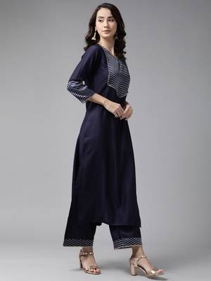 Indo Era Navy Blue Solid Straight Kurta Palazzo With Dupatta Set 3
