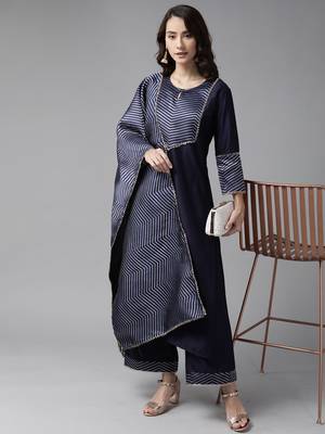 Indo Era Navy Blue Solid Straight Kurta Palazzo With Dupatta Set 4