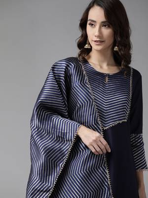 Indo Era Navy Blue Solid Straight Kurta Palazzo With Dupatta Set 5