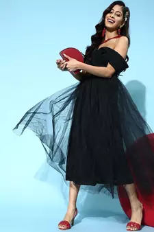 Black Tulle Bardot Midi Dresses