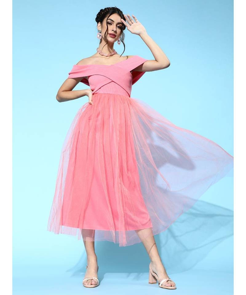 Pink Tulle Bardot Midi Dresses - SASSAFRAS - 3789027