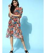 Black Floral Organza Balloon Sleeve Midi Dresses