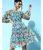 Blue Floral Organza Tiered Short Dresses