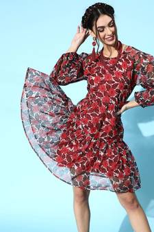 Red Floral Organza Tiered Short Dresses