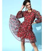 Red Floral Organza Tiered Short Dresses