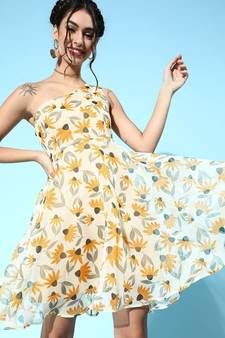 Yellow Floral Organza One Shoulder Dresses