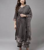 Indo Era Grey Embroidered Straight Kurta Trouser With Dupatta Set