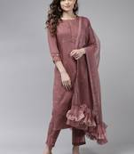 Indo Era Mauve Embridered Straight Kurta Trouser With Dupatta Set