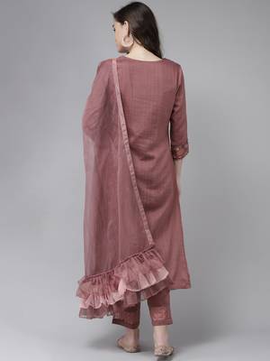 Indo Era Mauve Embridered Straight Kurta Trouser With Dupatta Set 2
