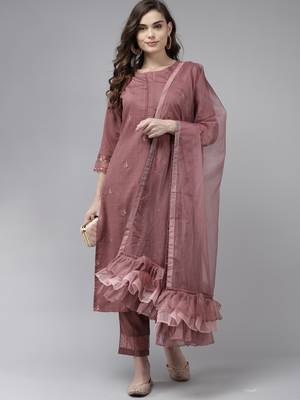 Indo Era Mauve Embridered Straight Kurta Trouser With Dupatta Set 4