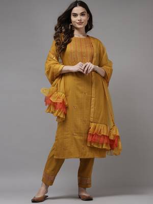 Indo Era Yellow Embroidered Straight Kurta Trouser With Dupatta Set 1