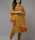 Indo Era Yellow Embroidered Straight Kurta Trouser With Dupatta Set