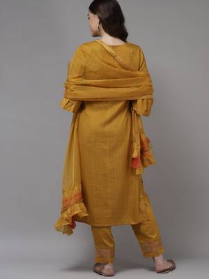 Indo Era Yellow Embroidered Straight Kurta Trouser With Dupatta Set 2