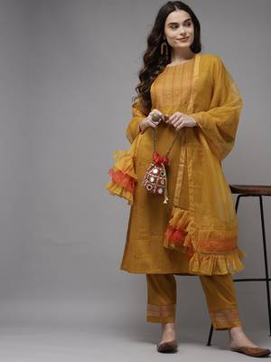 Indo Era Yellow Embroidered Straight Kurta Trouser With Dupatta Set 4