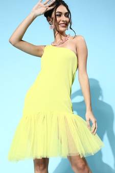 Yellow Tulle One Shoulder Dresses