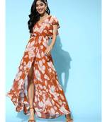 Brown Floral Frill Sleeve Maxi