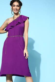Purple One Shoulder Frill Belted Dresses