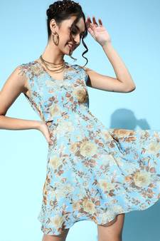 Blue Floral Organza Side Cut Out Dresses