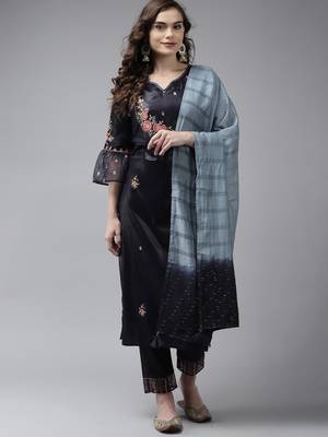 Indo Era Grey Embroidered Straight Kurta Trouser With Dupatta Set 1