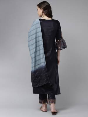 Indo Era Grey Embroidered Straight Kurta Trouser With Dupatta Set 2