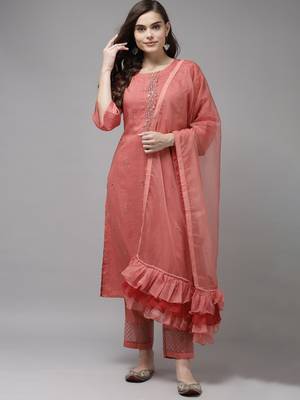 Indo Era Peach Embridered Straight Kurta Trouser With Dupatta Set 1