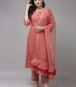 Indo Era Peach Embridered Straight Kurta Trouser With Dupatta Set