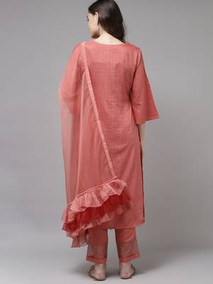 Indo Era Peach Embridered Straight Kurta Trouser With Dupatta Set 2