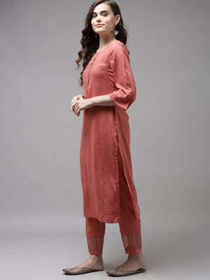 Indo Era Peach Embridered Straight Kurta Trouser With Dupatta Set 3