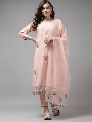 Indo Era Baby Pink Embroidered Straight Kurta Trouser With Dupatta Set 1