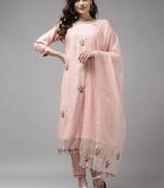 Indo Era Baby Pink Embroidered Straight Kurta Trouser With Dupatta Set