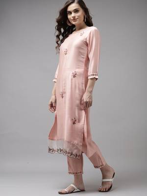Indo Era Baby Pink Embroidered Straight Kurta Trouser With Dupatta Set 3