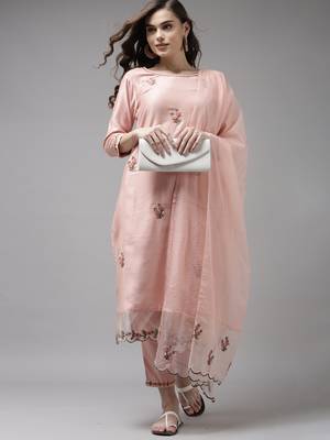 Indo Era Baby Pink Embroidered Straight Kurta Trouser With Dupatta Set 4