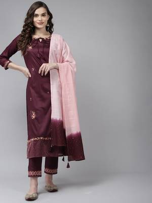 Indo Era Purple Embroidered Straight Kurta Trouser With Dupatta Set 1