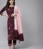 Indo Era Purple Embroidered Straight Kurta Trouser With Dupatta Set