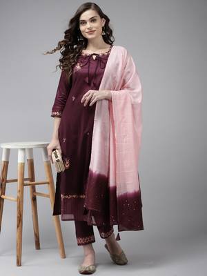 Indo Era Purple Embroidered Straight Kurta Trouser With Dupatta Set 4