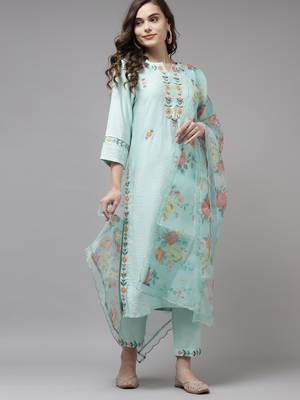 Indo Era Sea Green Embroidered Straight Kurta Trouser With Dupatta Set 1