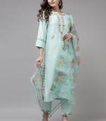 Indo Era Sea Green Embroidered Straight Kurta Trouser With Dupatta Set