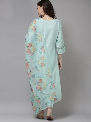 Indo Era Sea Green Embroidered Straight Kurta Trouser With Dupatta Set 2