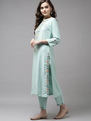 Indo Era Sea Green Embroidered Straight Kurta Trouser With Dupatta Set 3