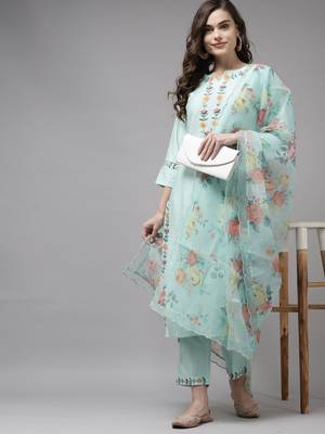 Indo Era Sea Green Embroidered Straight Kurta Trouser With Dupatta Set 4